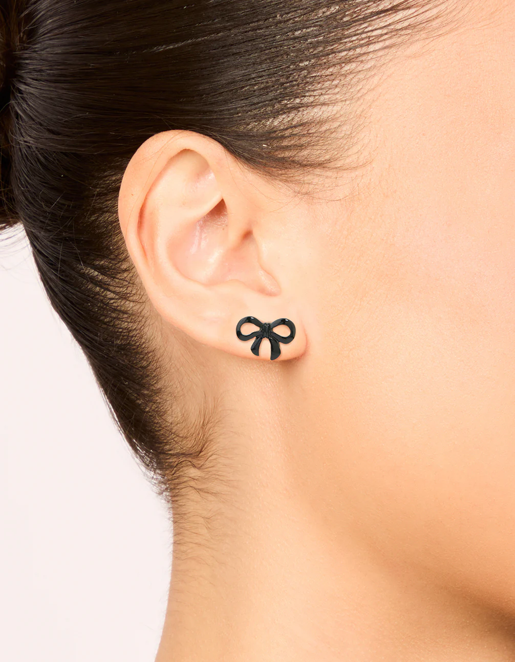 Black Coated Metal Ribbon Bow Stud Earrings - Image 2
