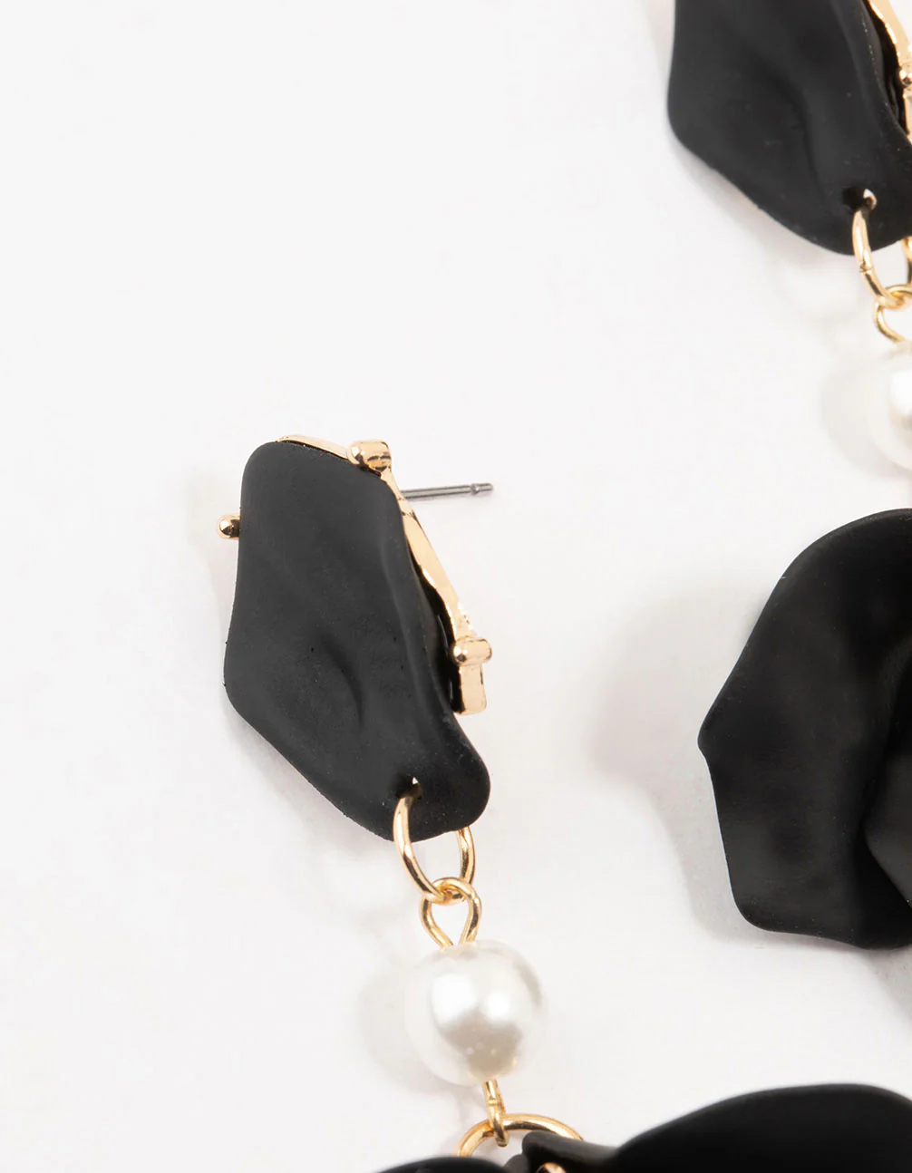 Black Coated Pearl Floral Drop Earrings - Image 2