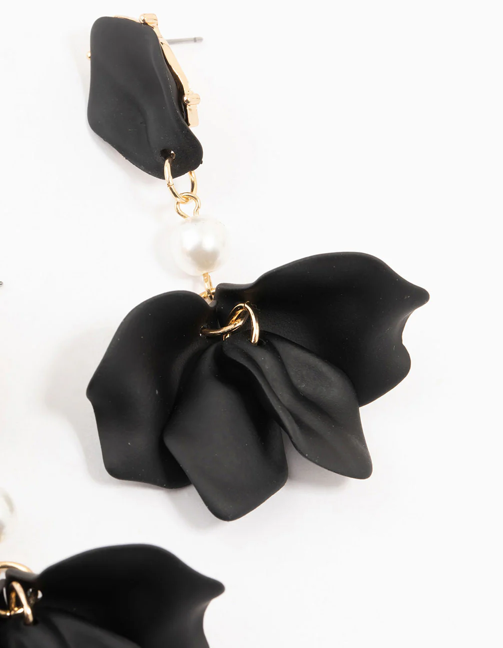 Black Coated Pearl Floral Drop Earrings - Image 3