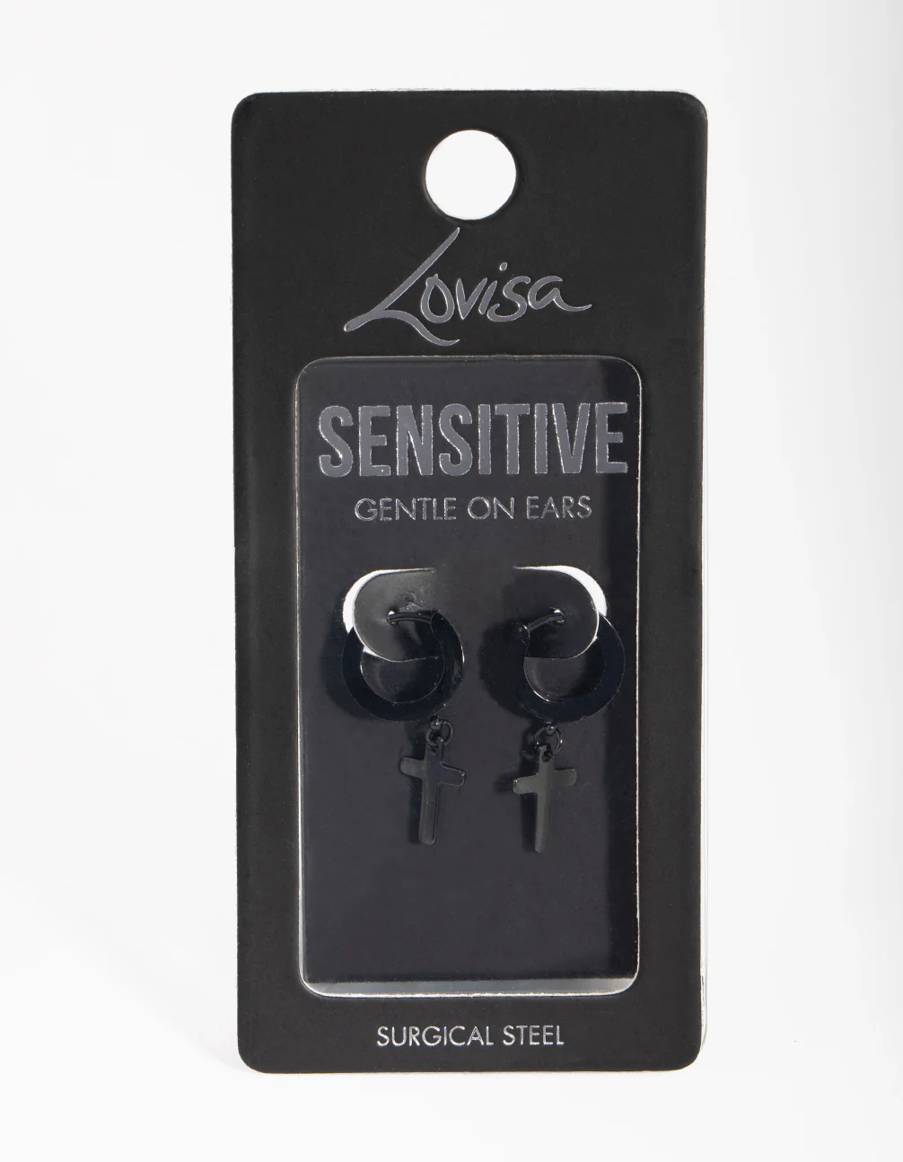 Black Coated Surgical Steel Cross Huggie Earrings - Image 3