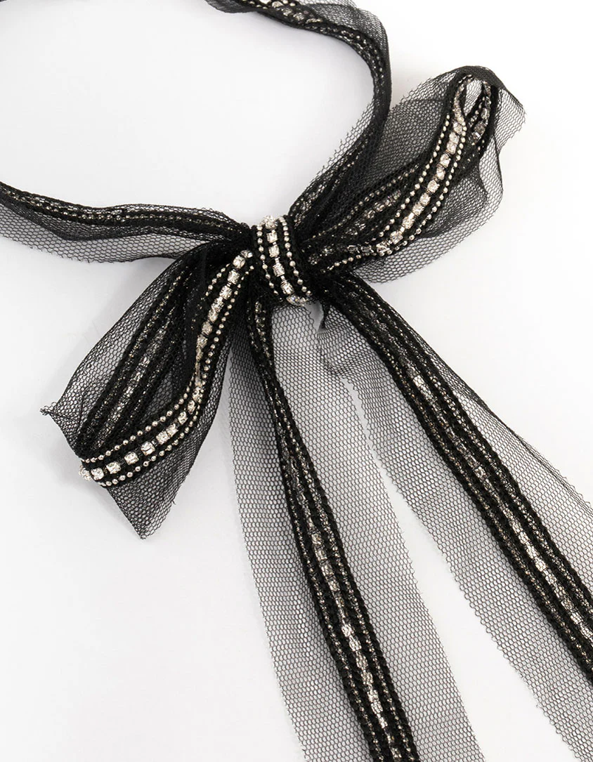 Black Fabric Diamante Bow Necklace - Image 2