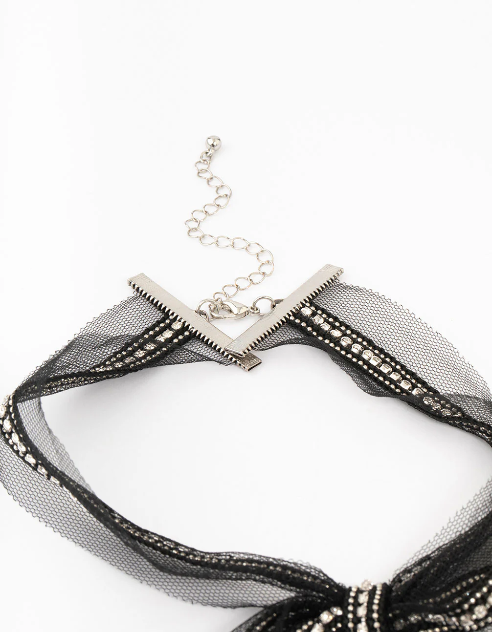 Black Fabric Diamante Bow Necklace - Image 3