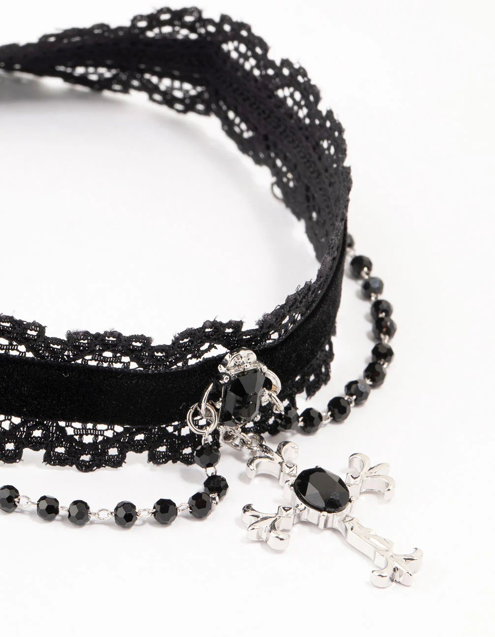 Black Fabric Gothic Cross Beaded Choker - Image 2