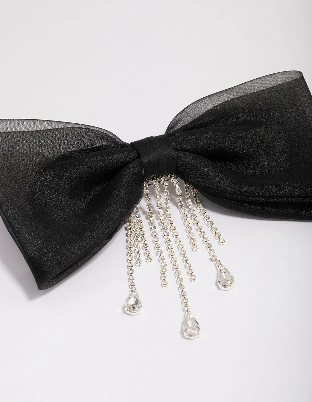 Black Fabric Organza Diamante Cup Chain Hair Bow Clip - Image 2
