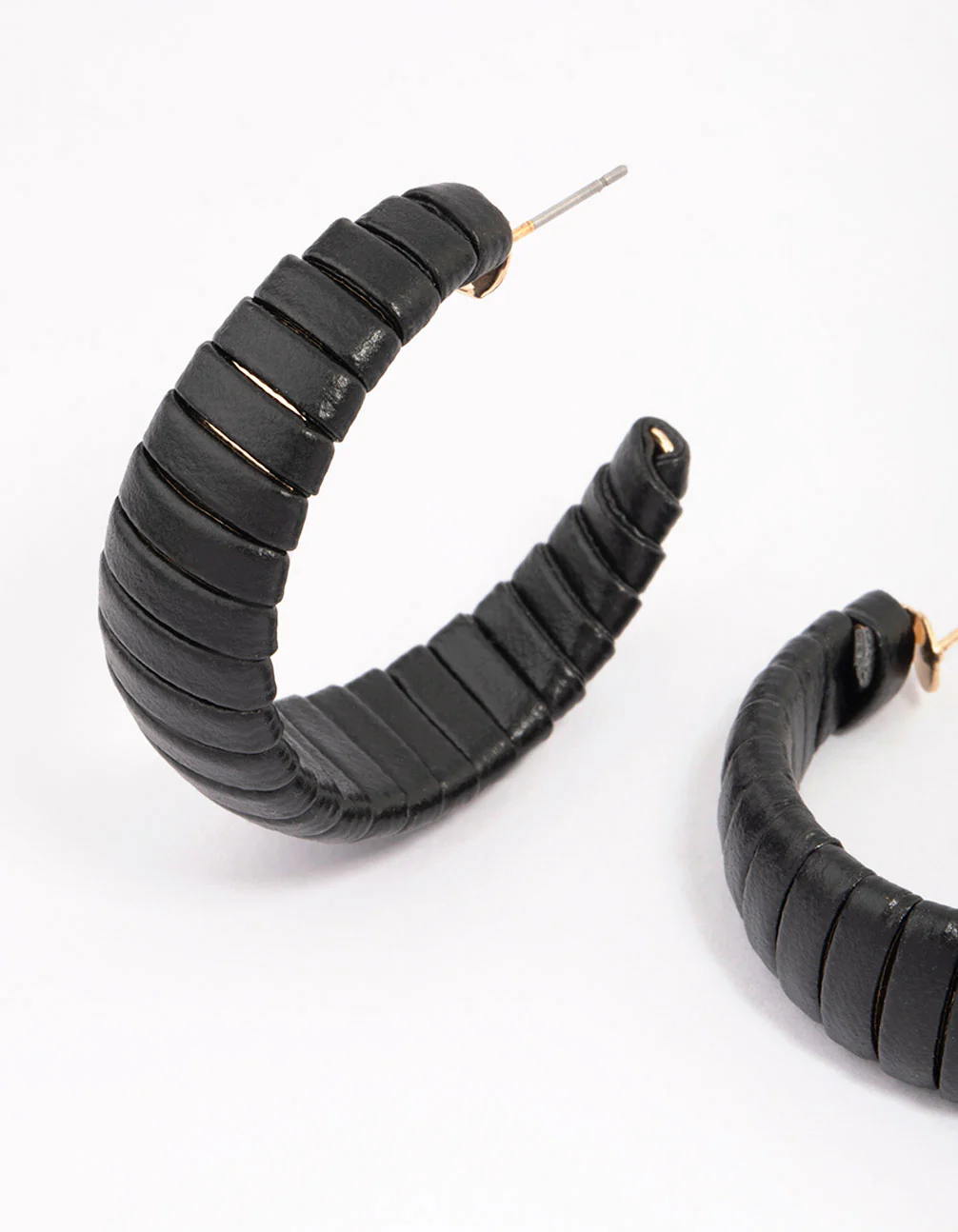 Black Faux Leather Wrapped Hoop Earrings - Image 3
