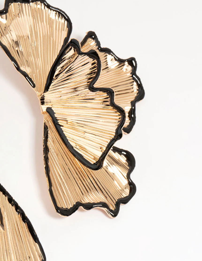 Black & Gold Etched Floral Stud Earrings - Image 5