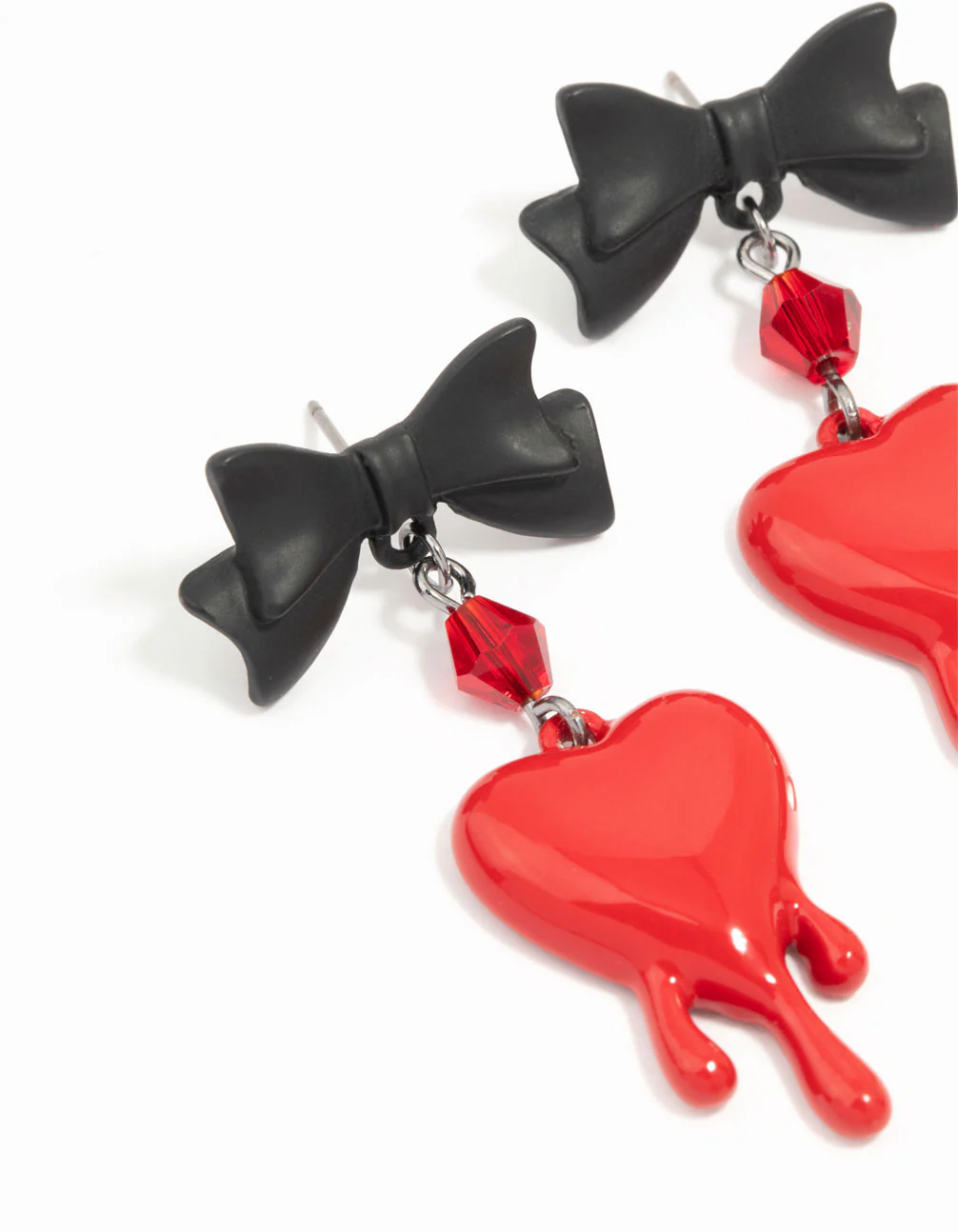 Black & Red Heart Droplet Bow Drop Earrings - Image 2