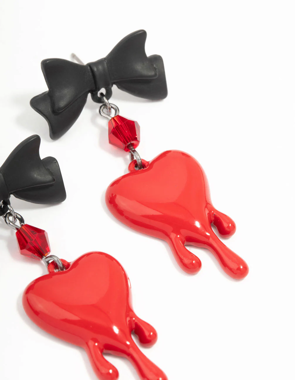 Black & Red Heart Droplet Bow Drop Earrings - Image 3