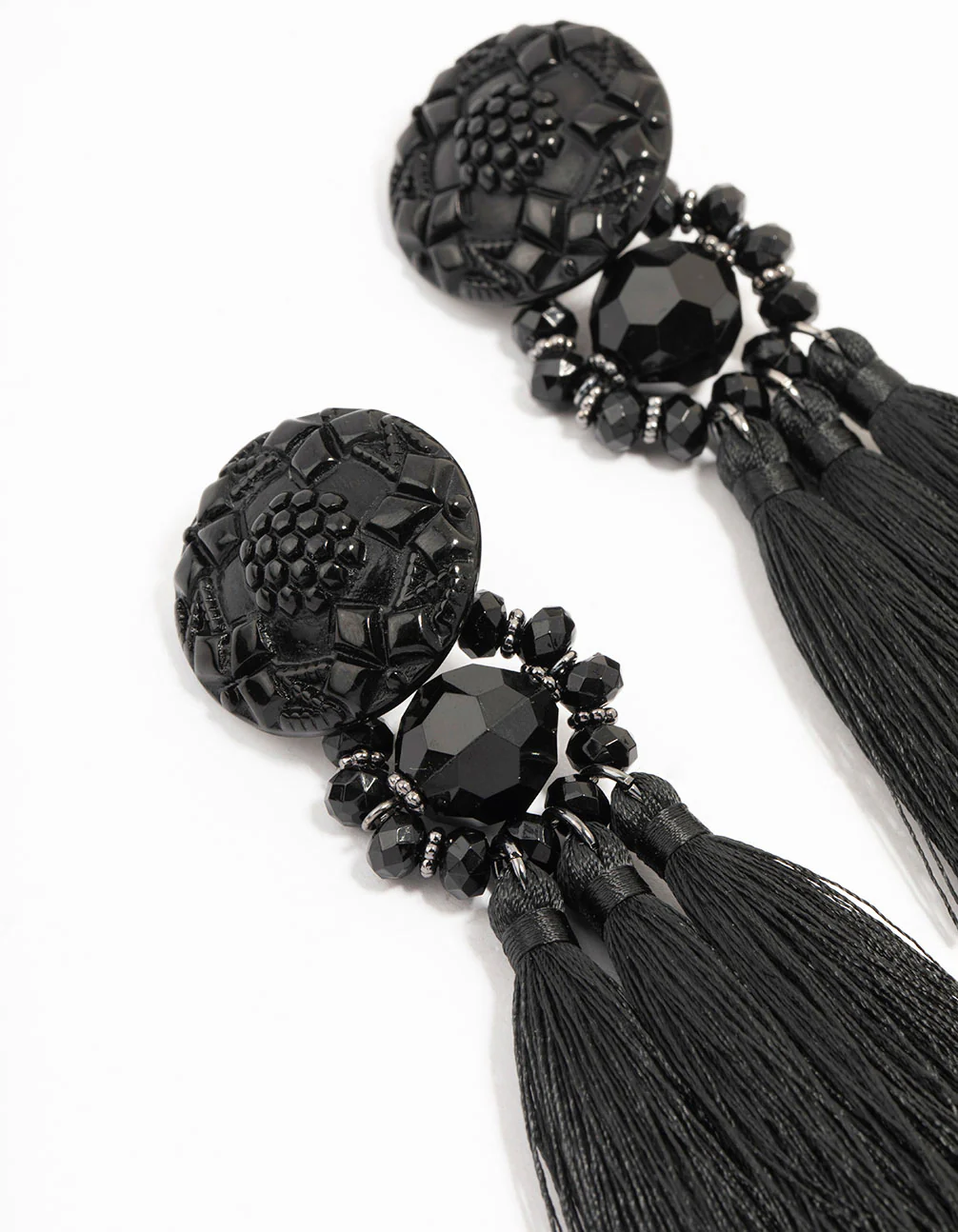 Black Tassel Fabric Large Drop Earrings - Image 2