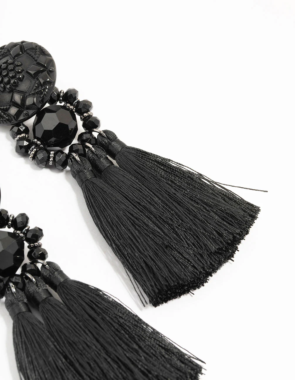 Black Tassel Fabric Large Drop Earrings - Image 3