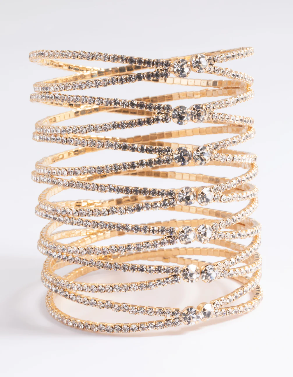 Gold Diamante Cross Over Eight Row Cuff Bracelet - Image 3