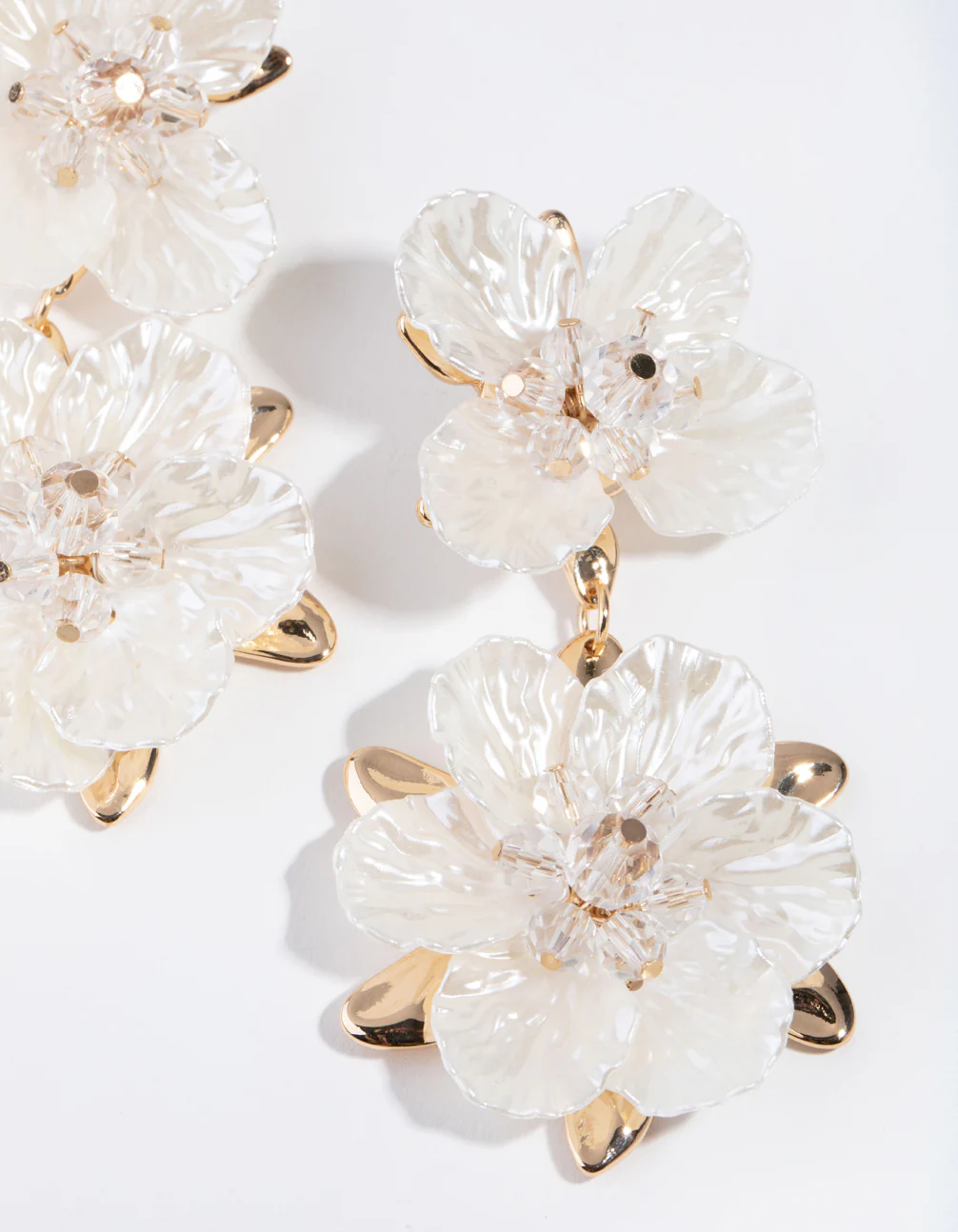 White Pearlised Flower Drop Earrings - Image 2