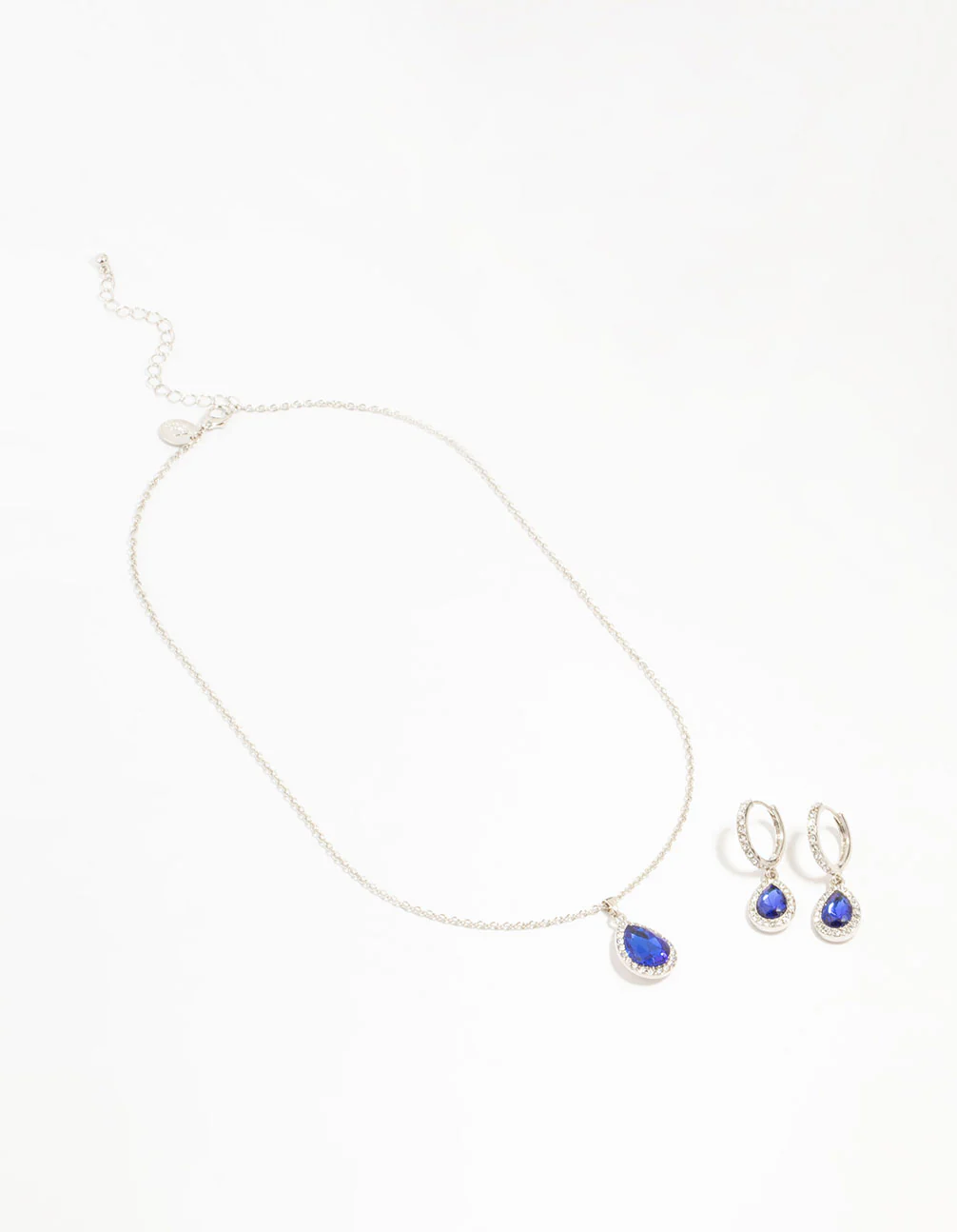 Silver Blue Diamante Halo Necklace & Huggie Earrings Set - Image 2