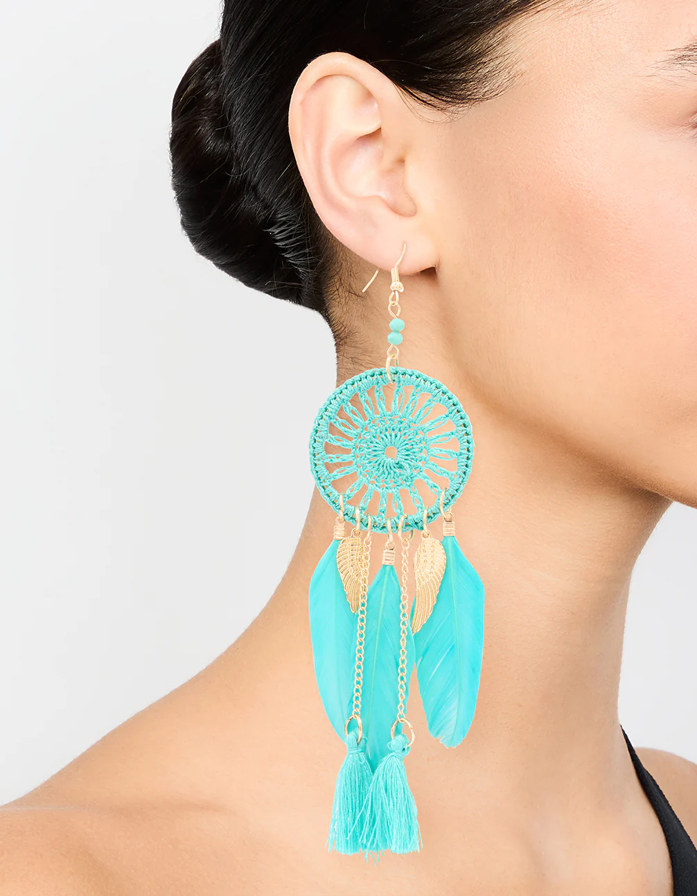 Blue Feather Dreamcatcher Drop Earrings - Image 2