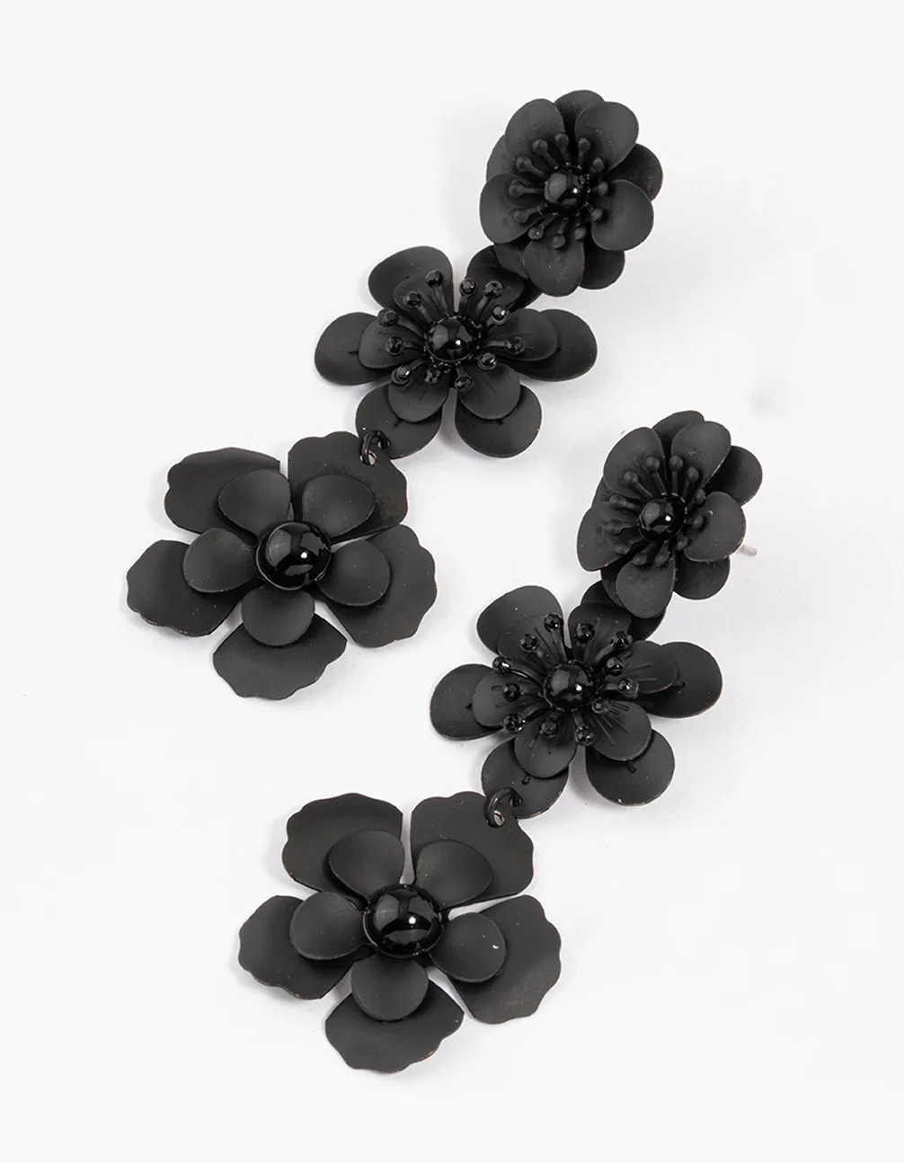 Coated Black Triple Diamante Flower Drop Earrings - Image 2