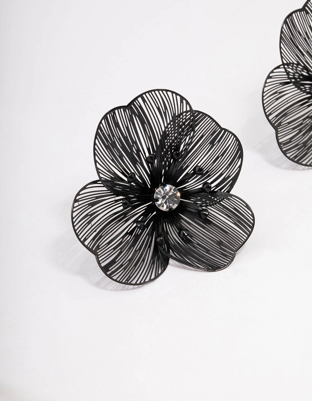 Black Diamante Flower Stud Earrings - Image 2