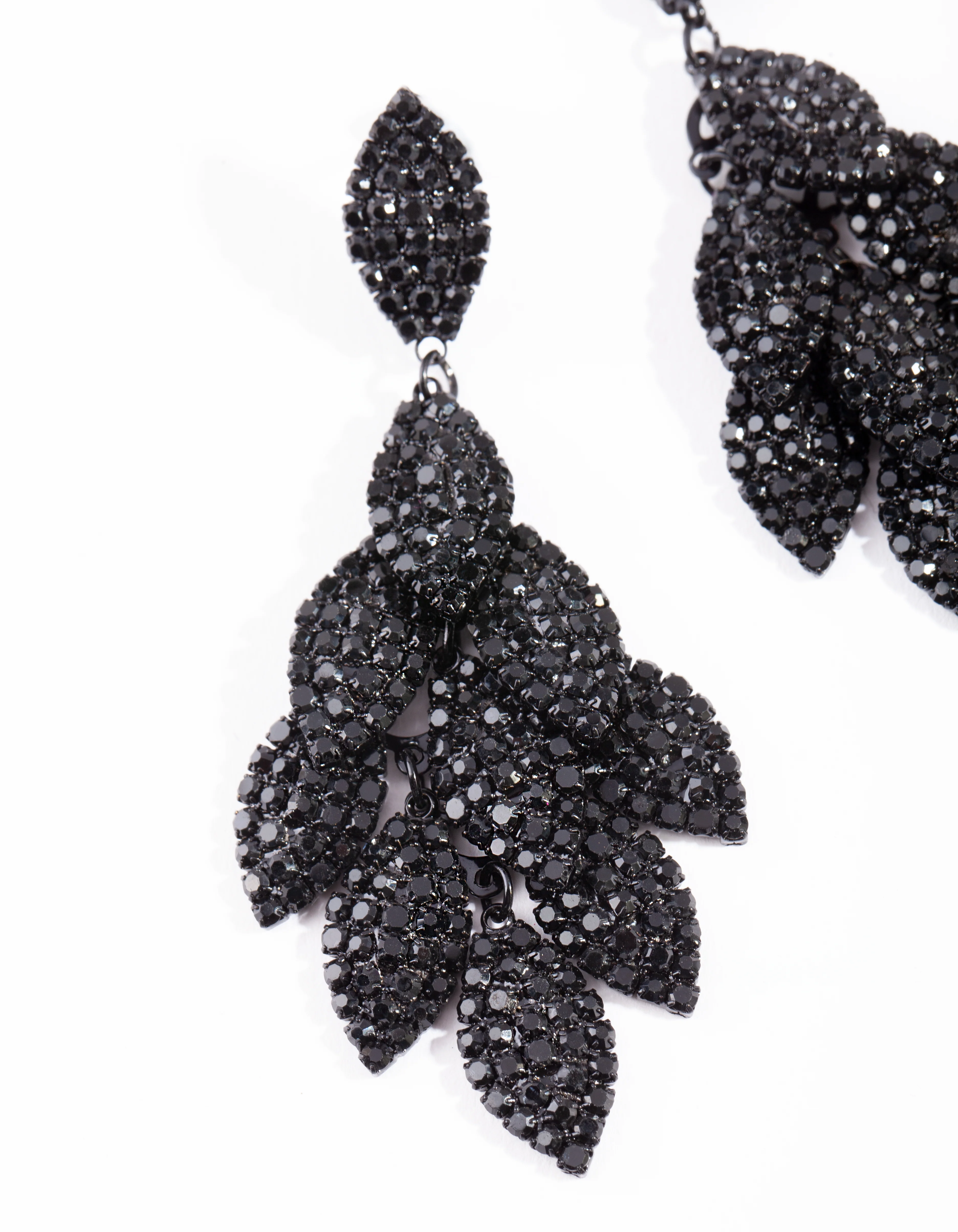 Black Coated Metal Diamante Leaf Earrings - Image 2