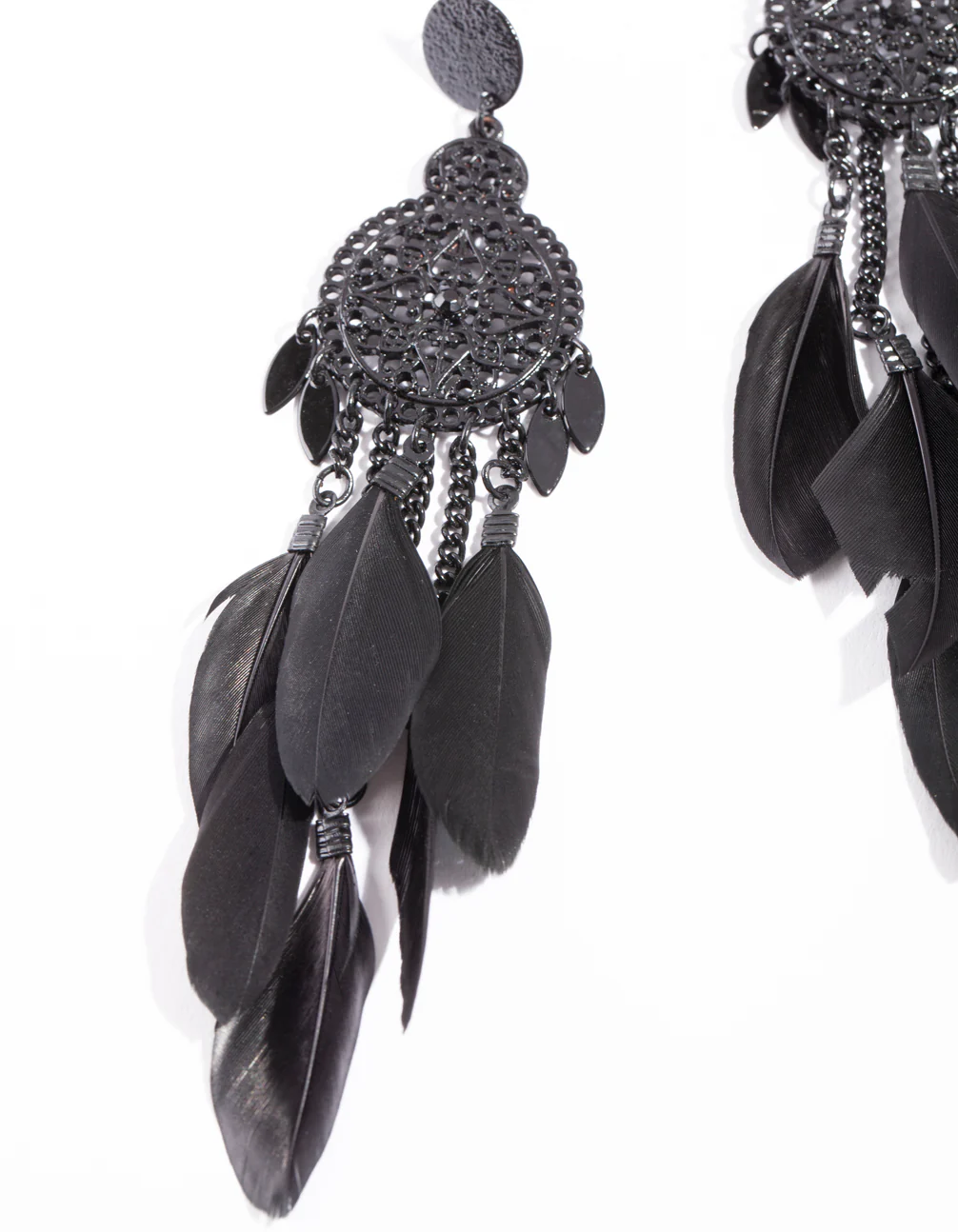 Black Filigree Cascading Feather Earrings - Image 2