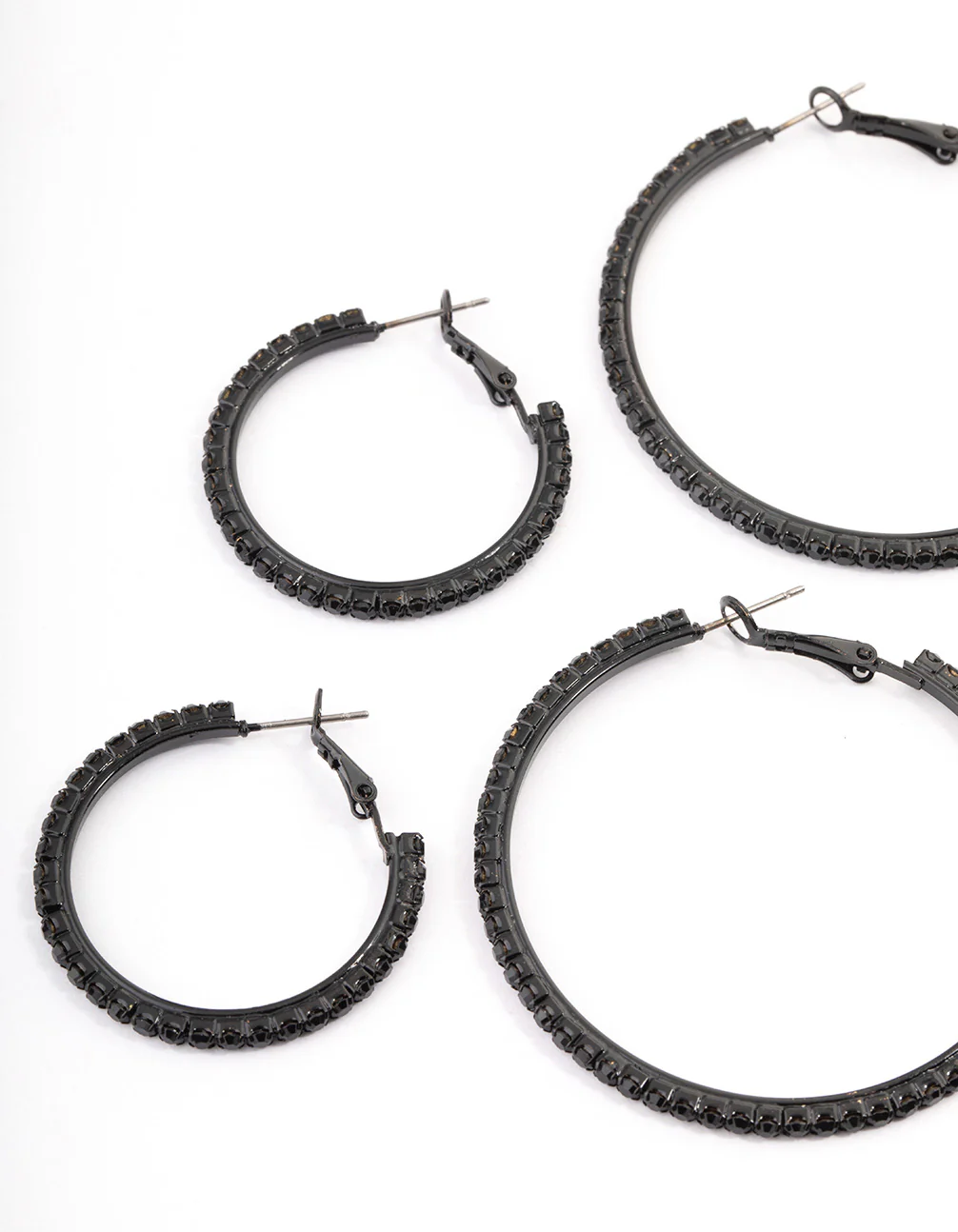 Coated Black Mixed Size Diamante Hoop Earrings - Image 2