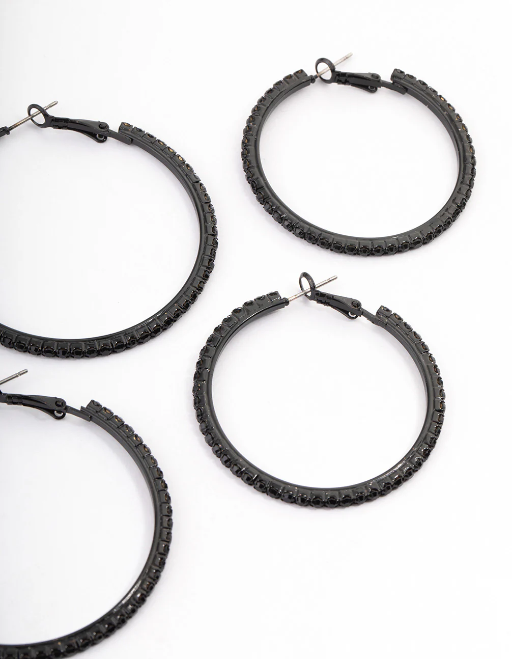 Coated Black Mixed Size Diamante Hoop Earrings - Image 3