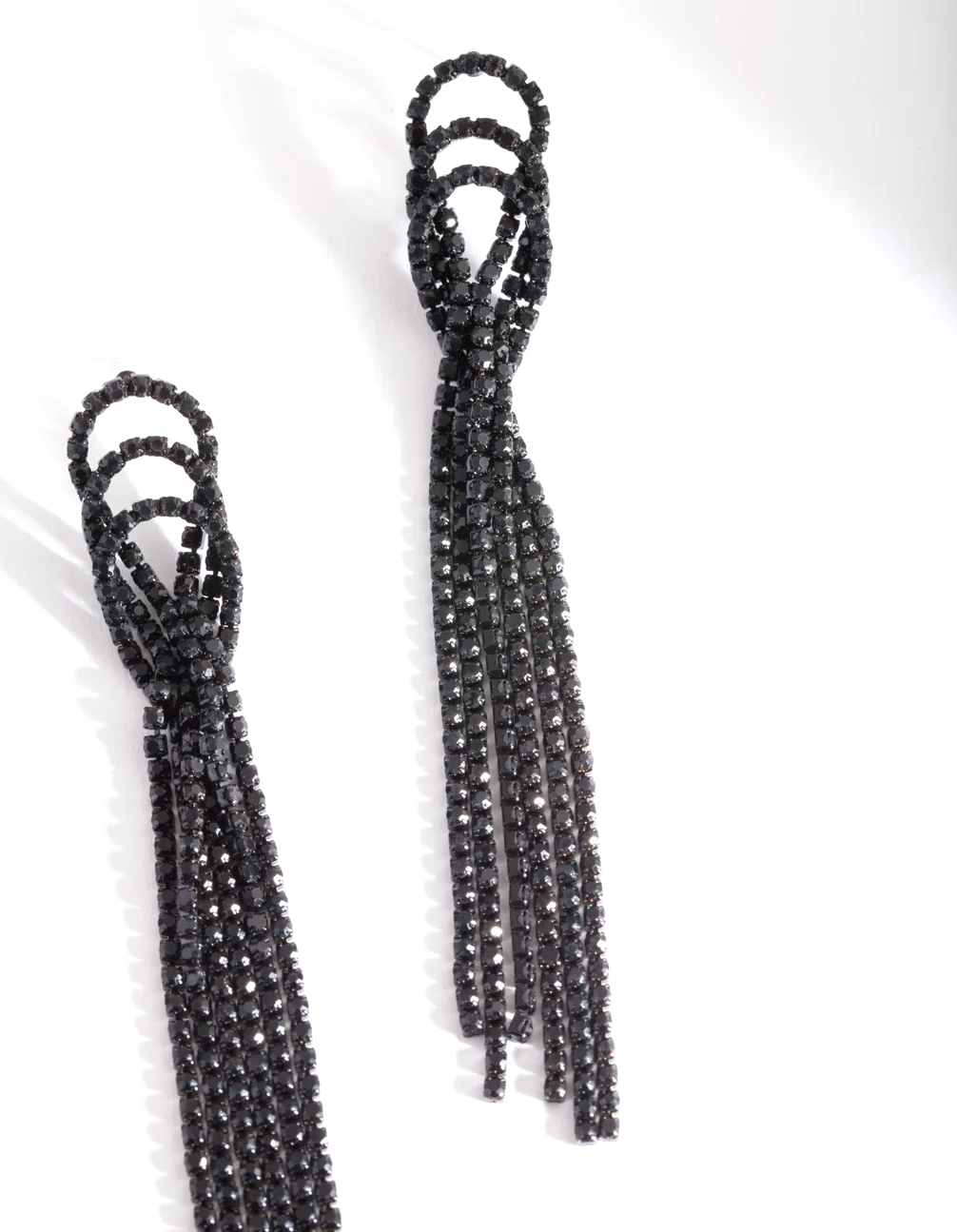 Black Triple Loop Diamante Tassel Earrings - Image 2