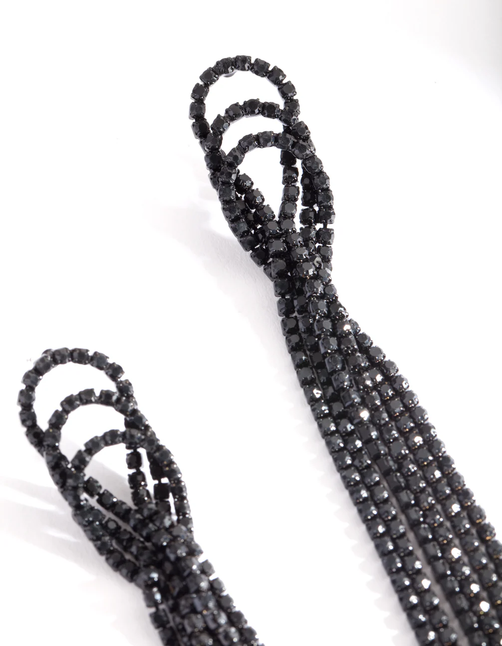 Black Triple Loop Diamante Tassel Earrings - Image 3