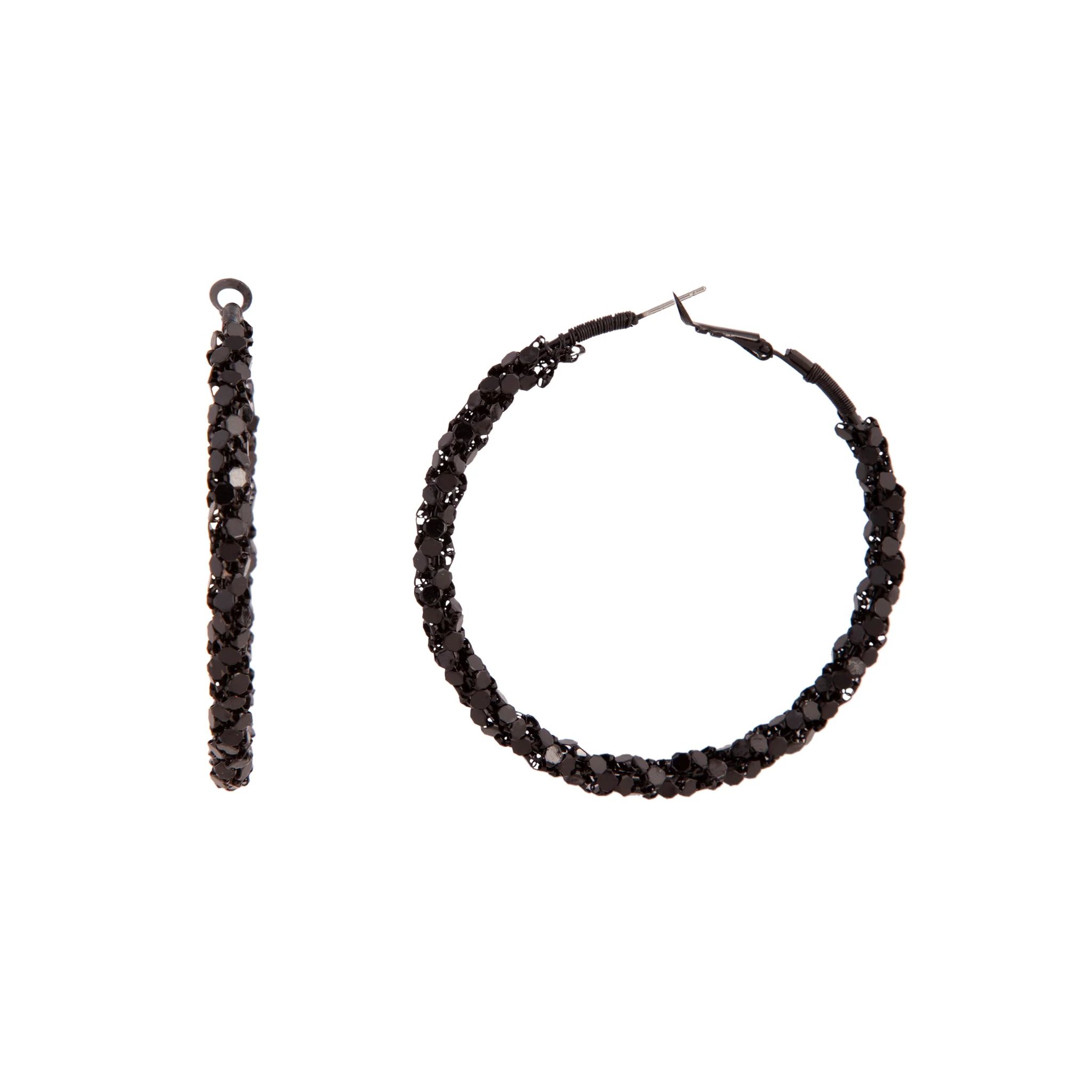 Black Flat Mesh Covered Hoop Earrings - Image 2
