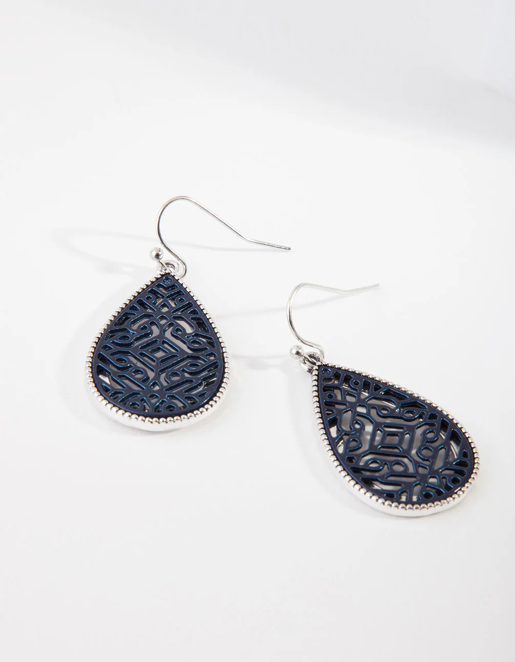Gunmetal Blue Pattern Teardrop Earrings - Image 2