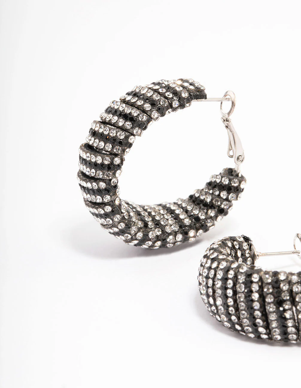 Silver Statement Two-Toned Black Diamante Hoop Earrings - Image 2