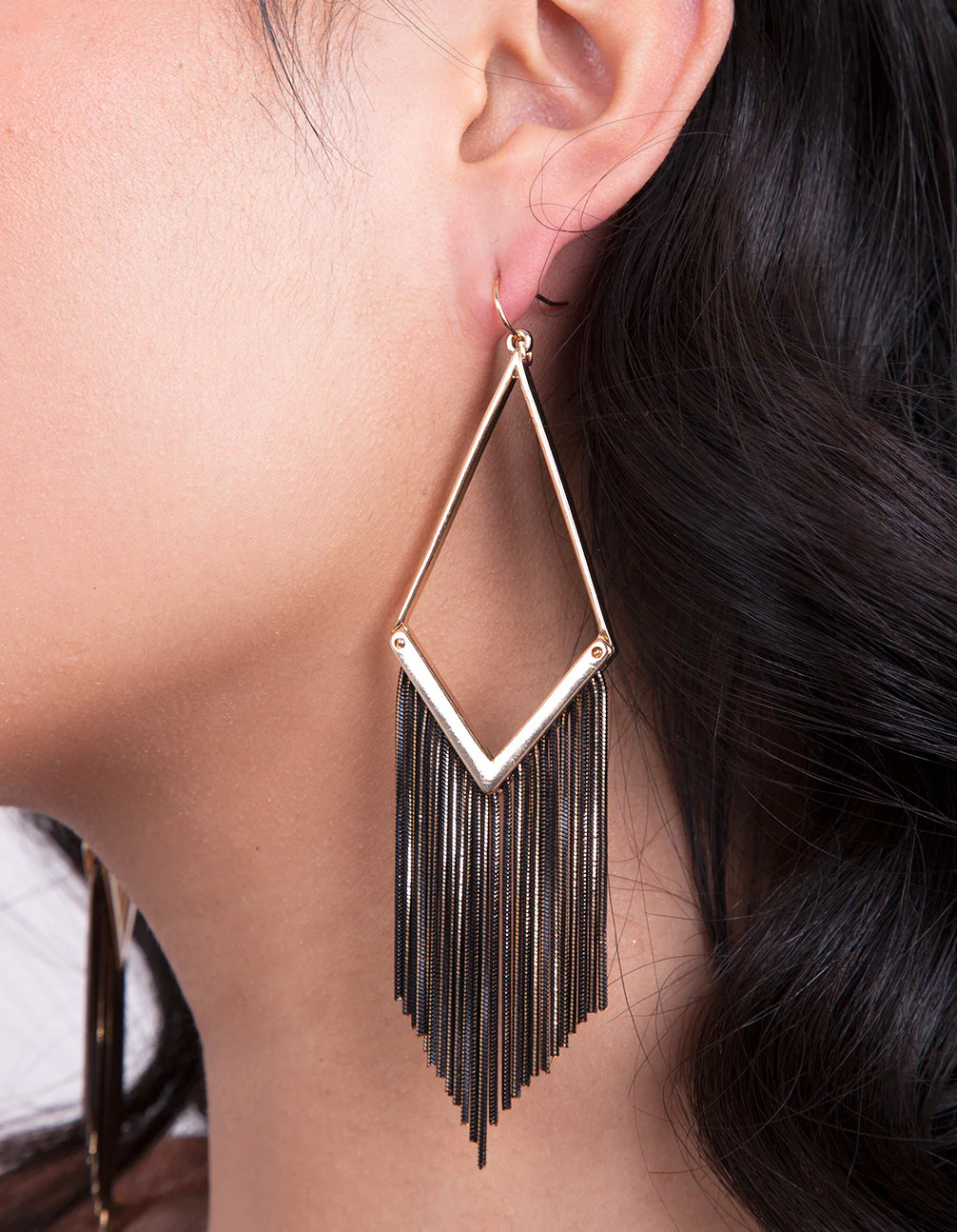 Gold Black Chain Tassel Earrings - Image 3