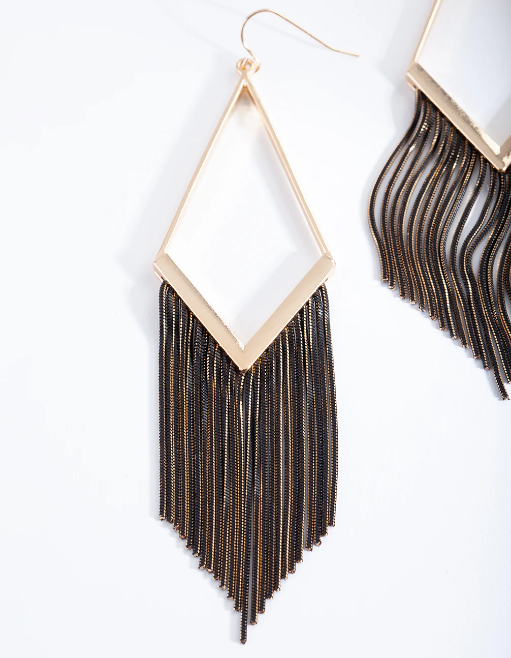 Gold Black Chain Tassel Earrings - Image 4