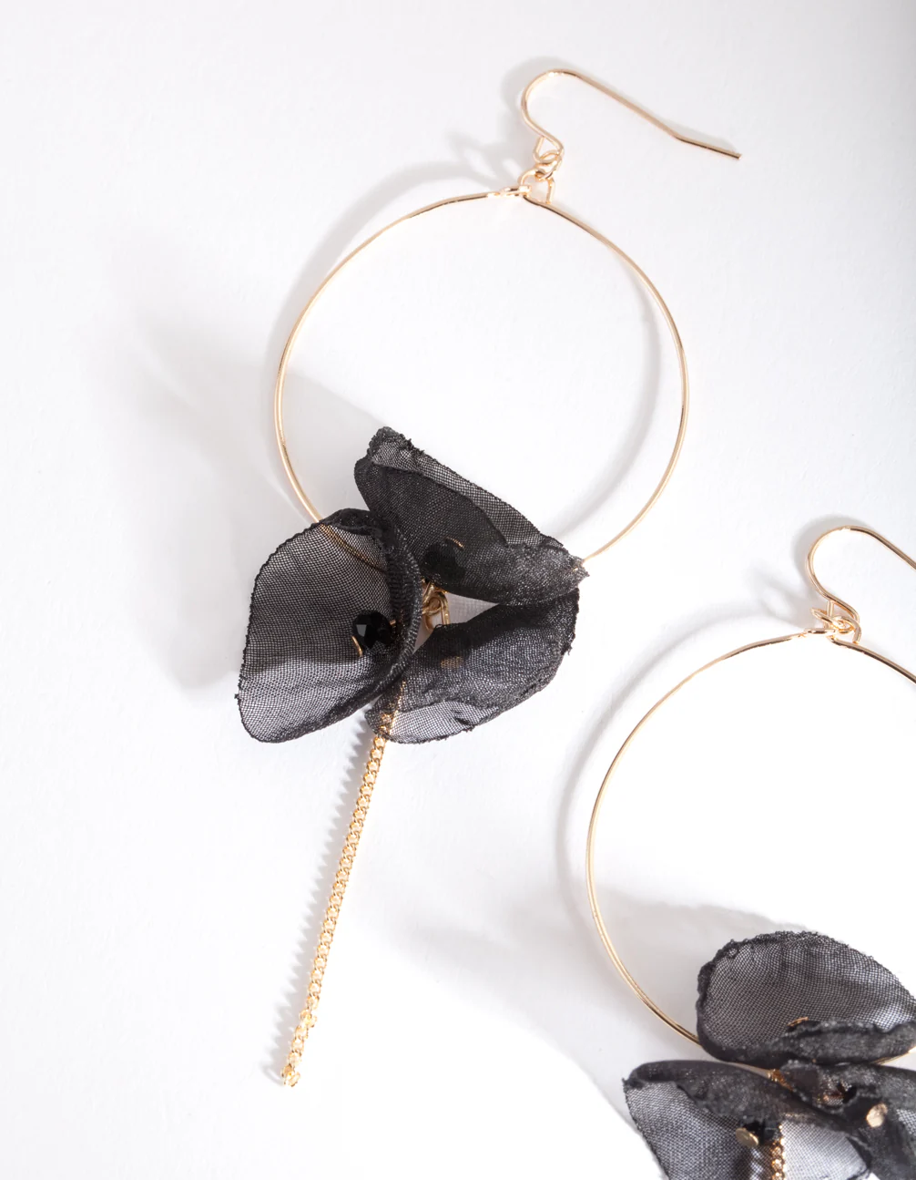 Gold Black Fabric Flower Hoop Earrings - Image 2