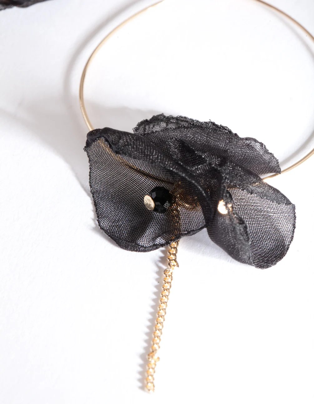 Gold Black Fabric Flower Hoop Earrings - Image 3
