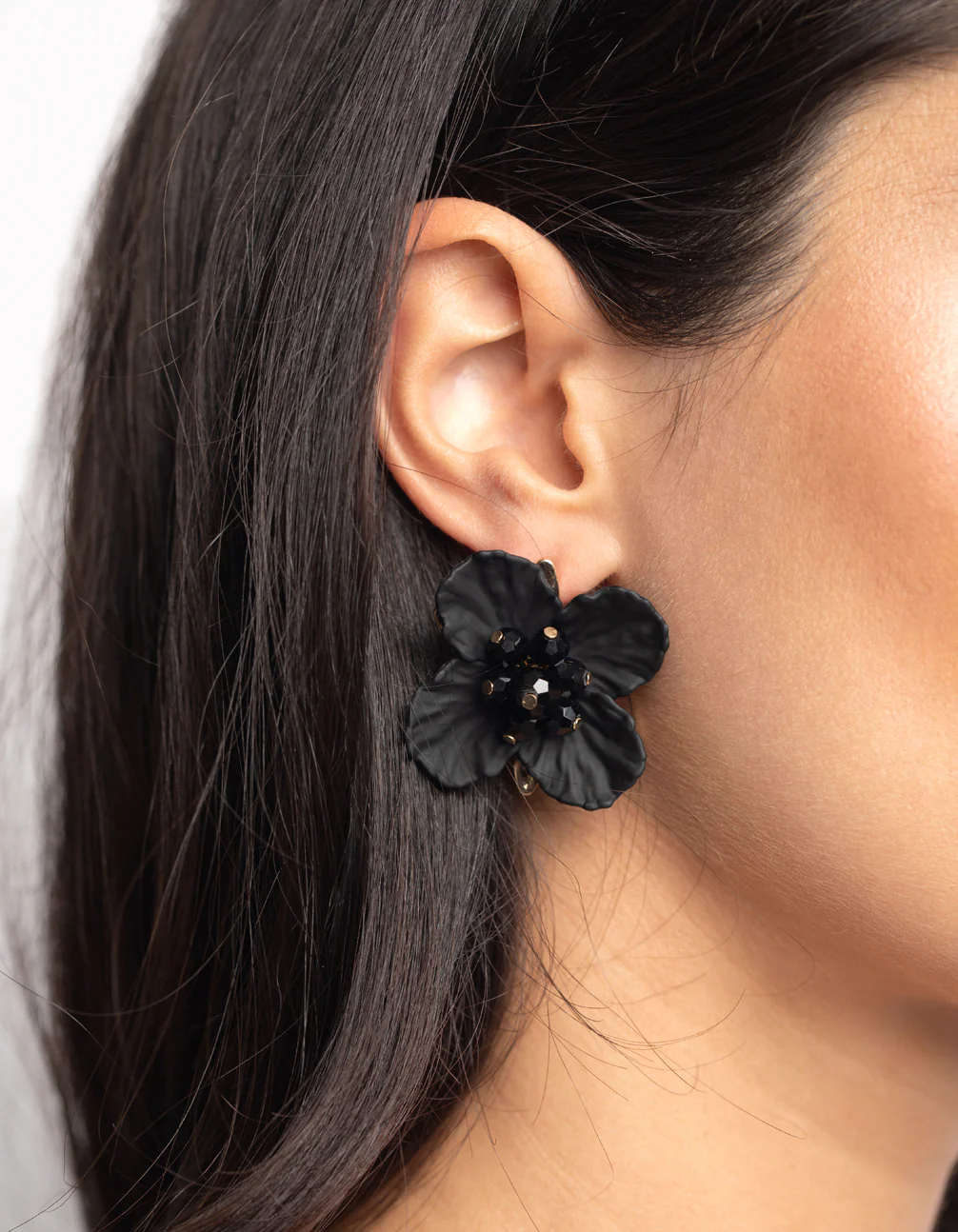 Black Pearlised Flower Stud Earrings - Image 2