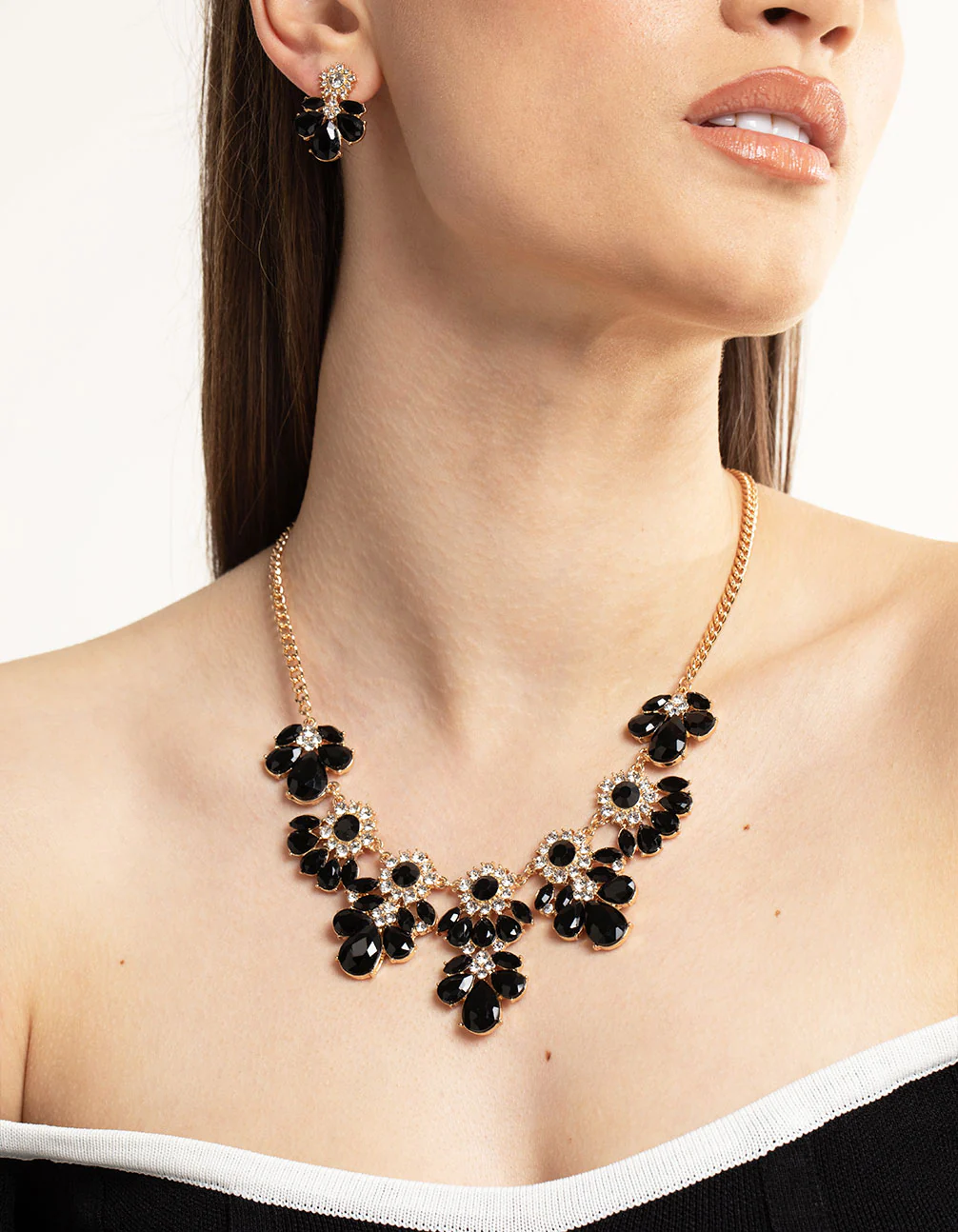 Black Mixed Stone Necklace & Earrings Set - Image 2