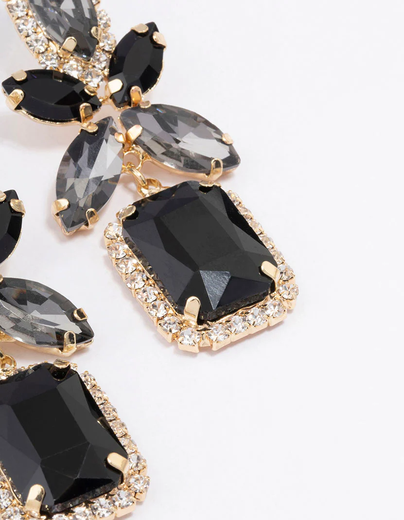 Gold Mixed Oval Stone Black Square Drop Earrings - Image 3