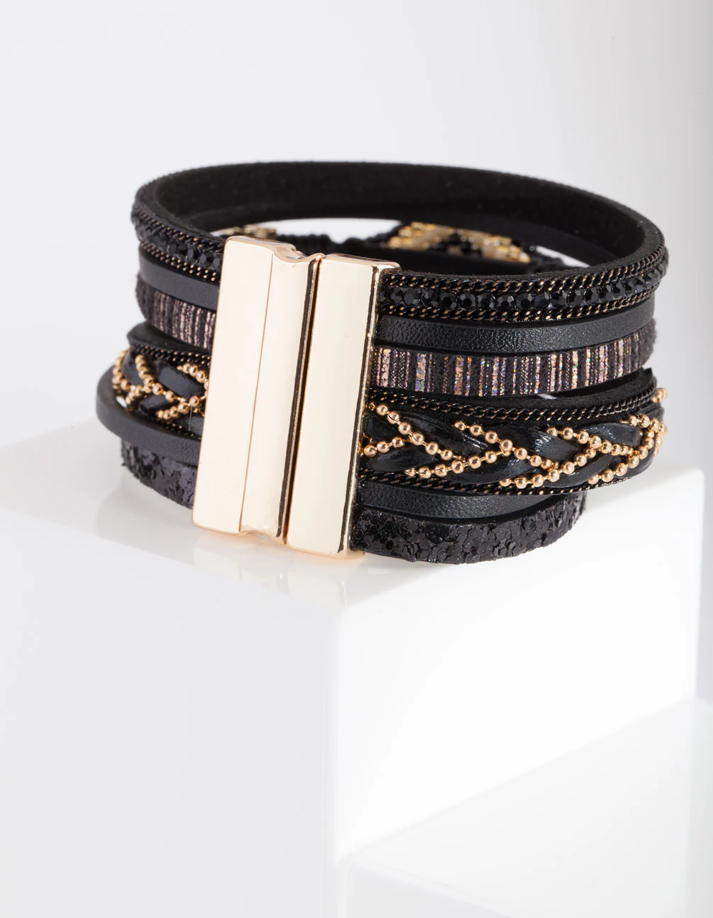 Black Multi Strand Cuff Bracelet - Image 2