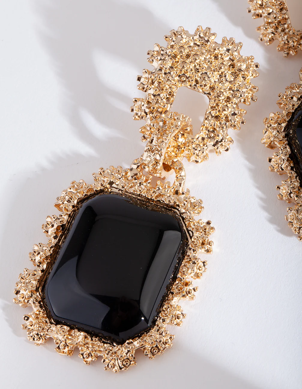 Gold Textured Black Enamel Drop Earrings - Image 4