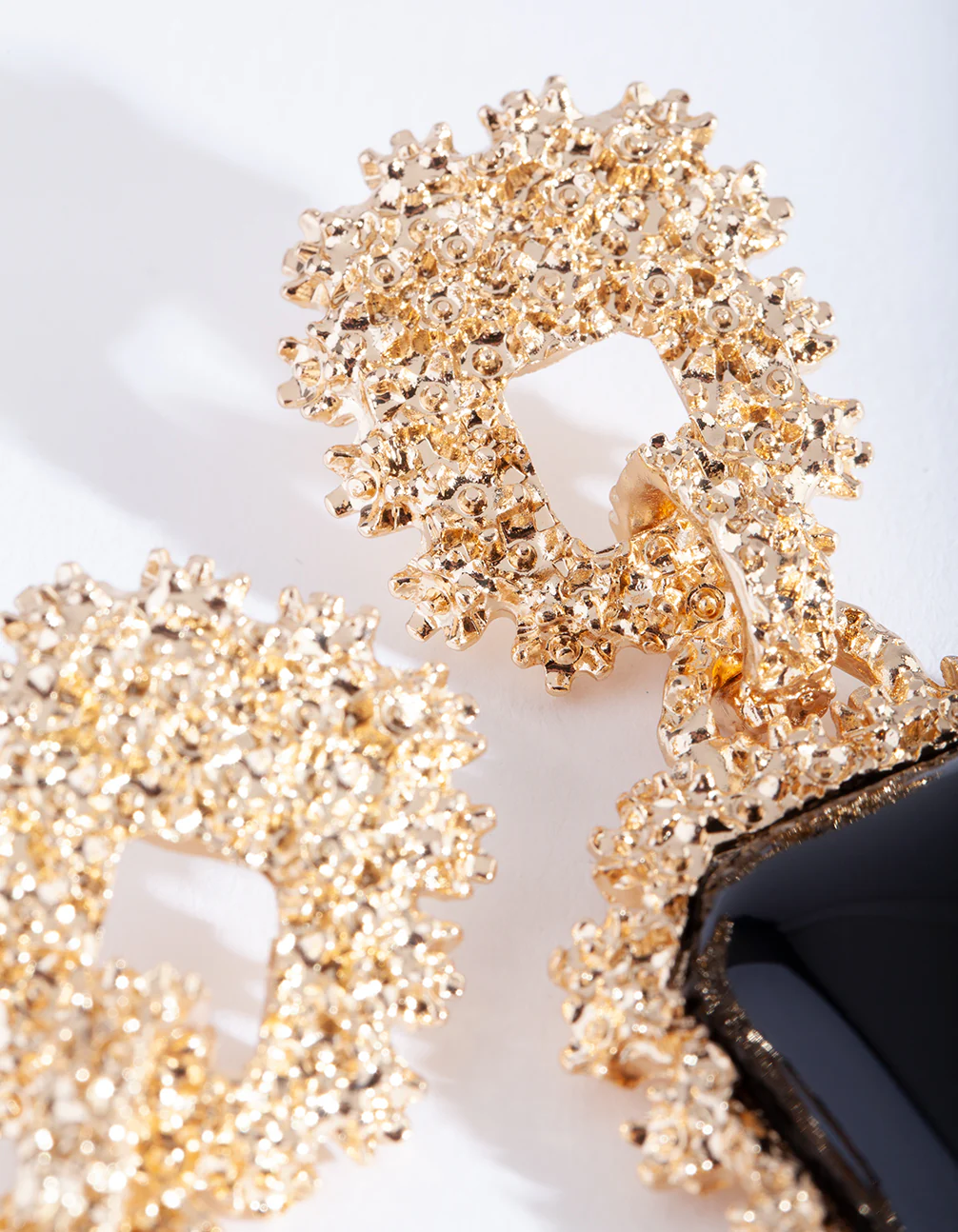 Gold Textured Black Enamel Drop Earrings - Image 5