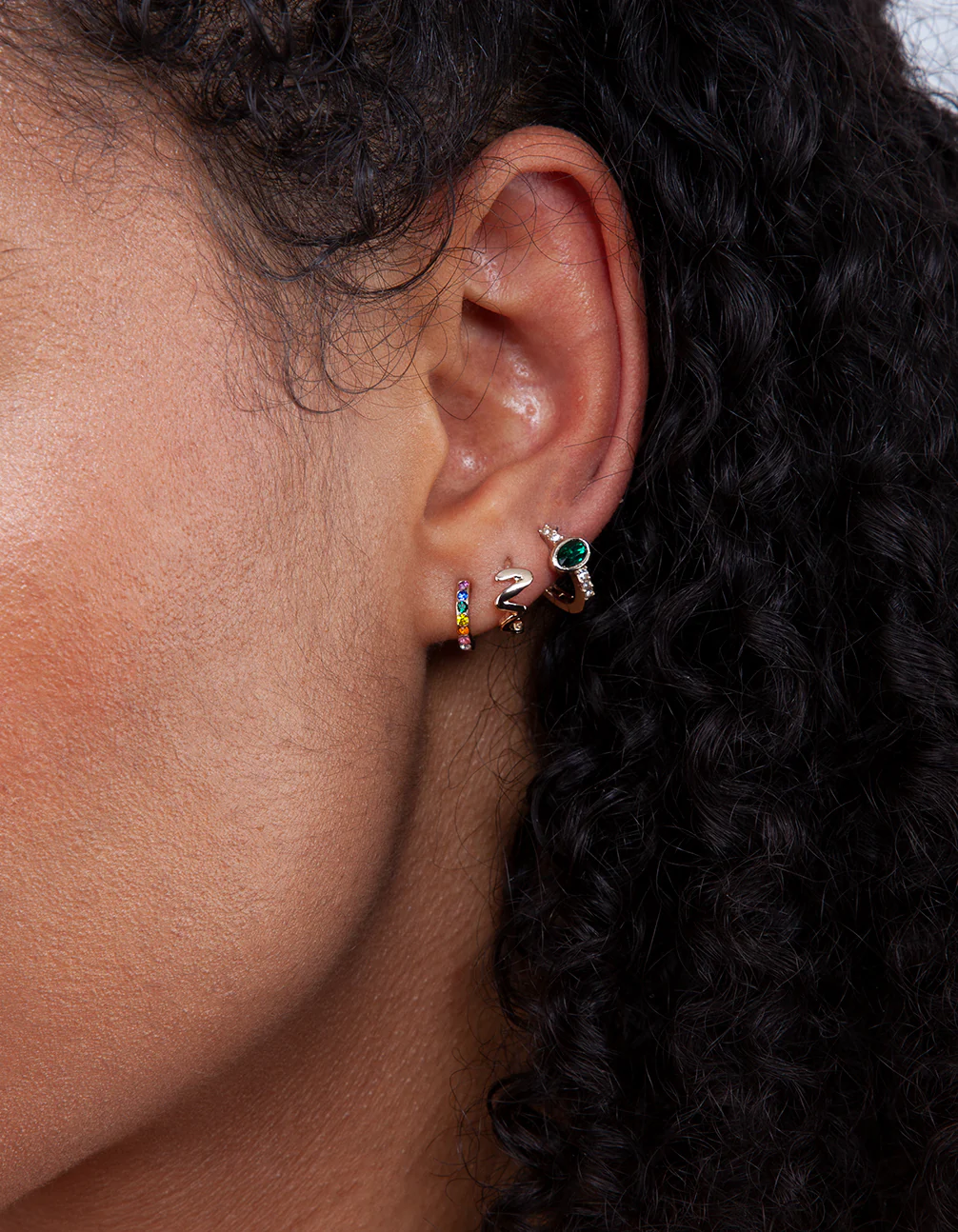 Gold Emerald Facet Huggie Earrings - Image 3