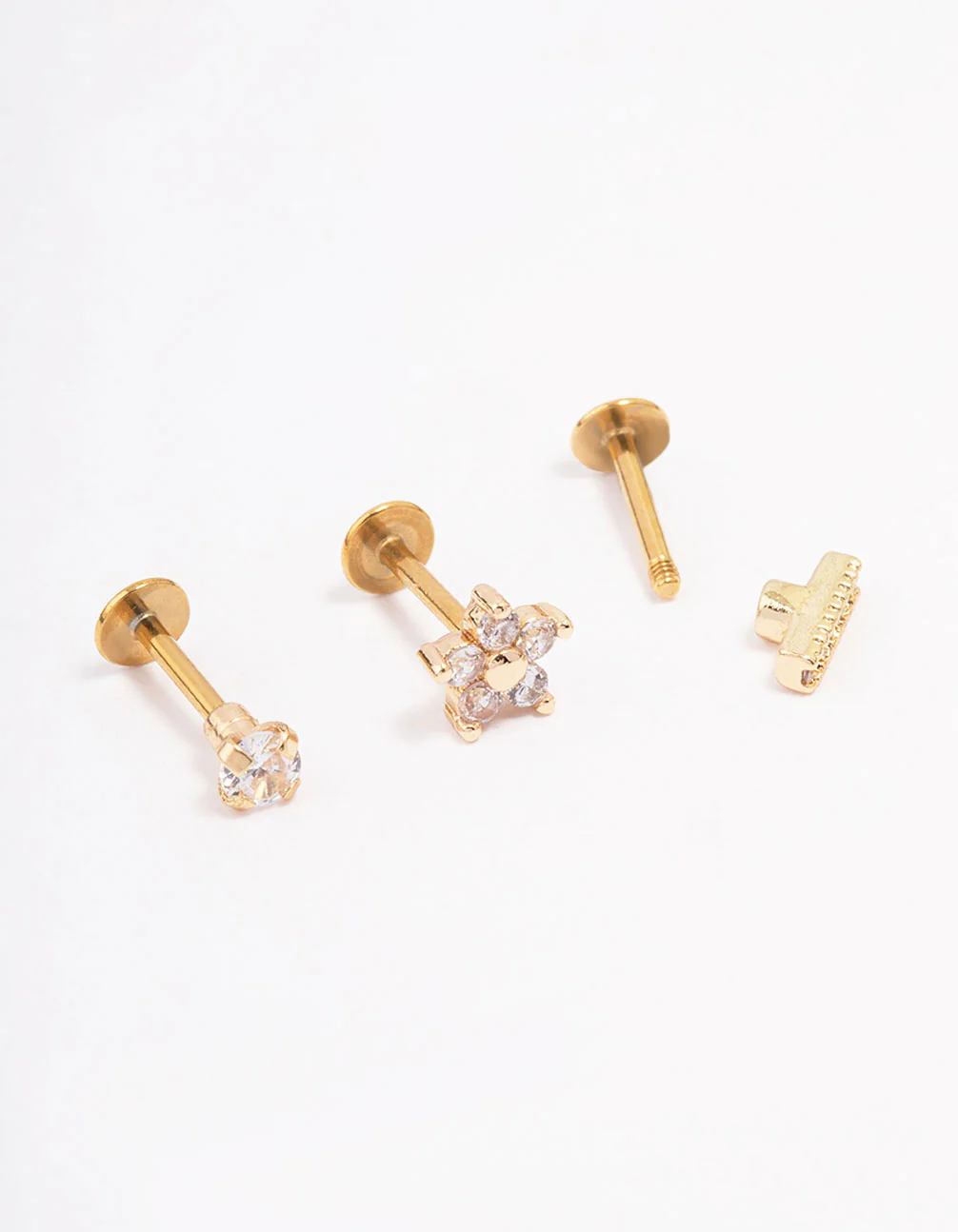 Gold Plated Surgical Steel Cubic Zirconia Floral Flat Back 3-Pack - Image 2