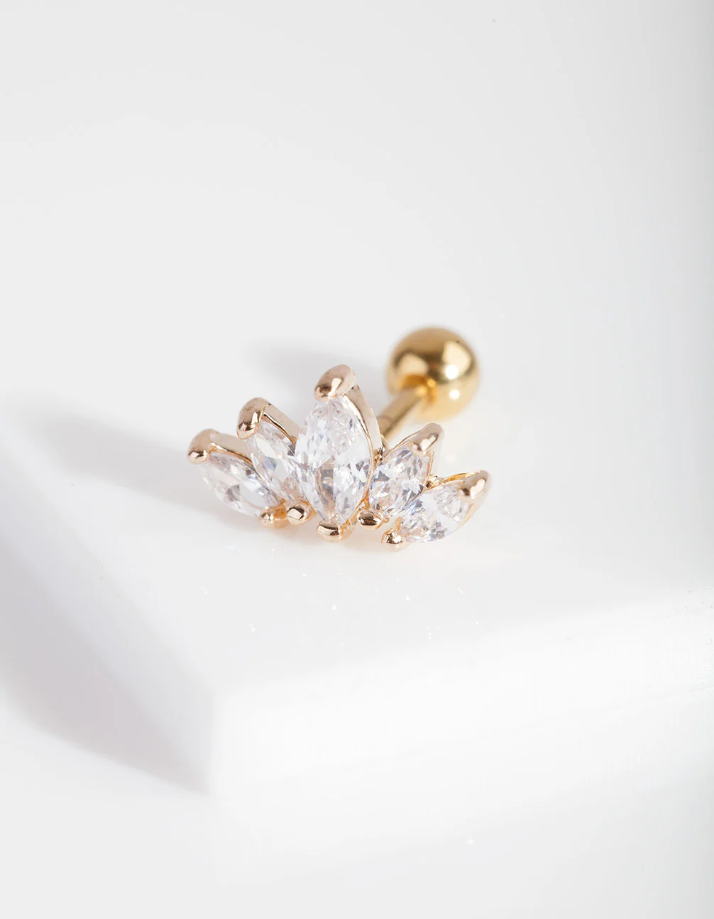 Gold Surgical Steel Cubic Zirconia Navette Fan Barbell Earring - Image 3