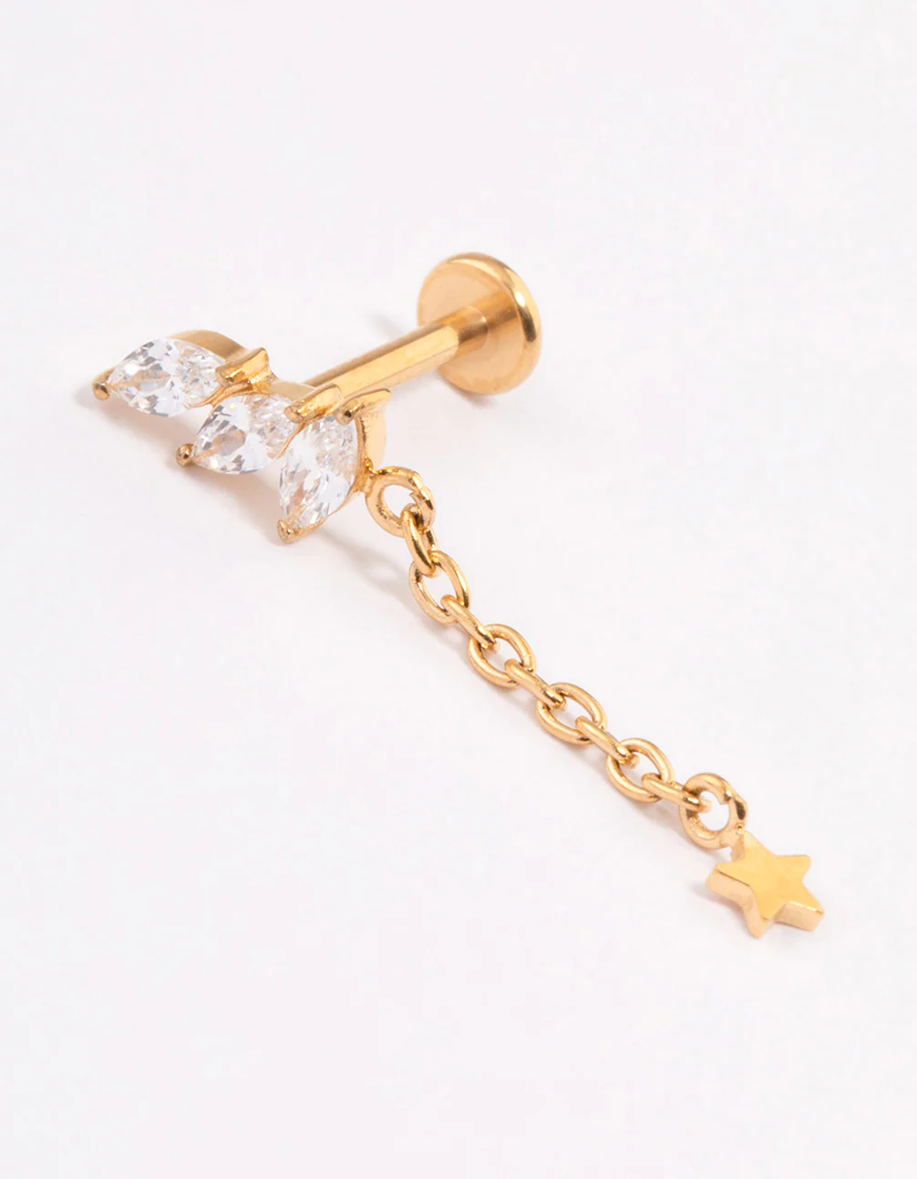 Gold Plated Surgical Steel Cubic Zirconia Triple Leaf Drop Single Threadless Flat Back Stud
