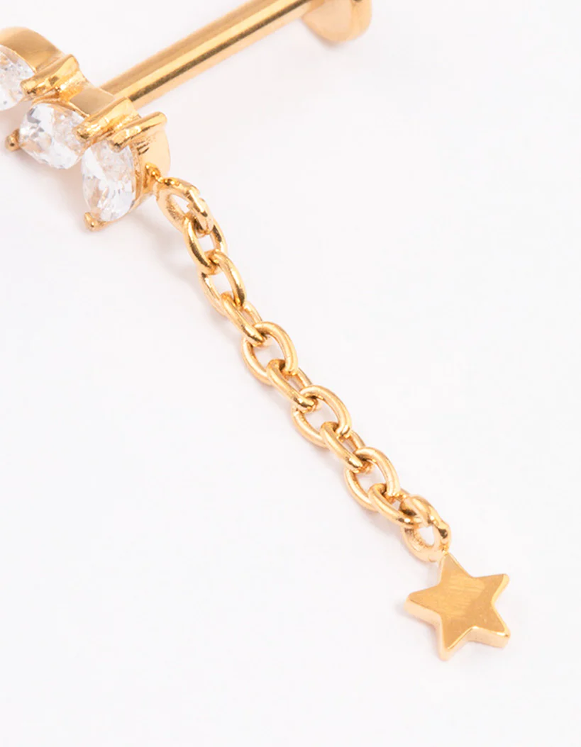 Gold Plated Surgical Steel Cubic Zirconia Triple Leaf Drop Single Threadless Flat Back Stud - Image 2