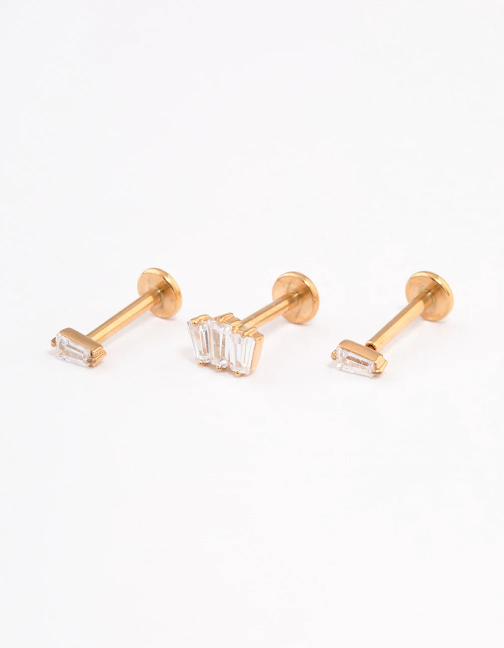 Gold Plated Surgical Steel Cubic Zirconia Baguette Threadless Flat Back Studs Pack