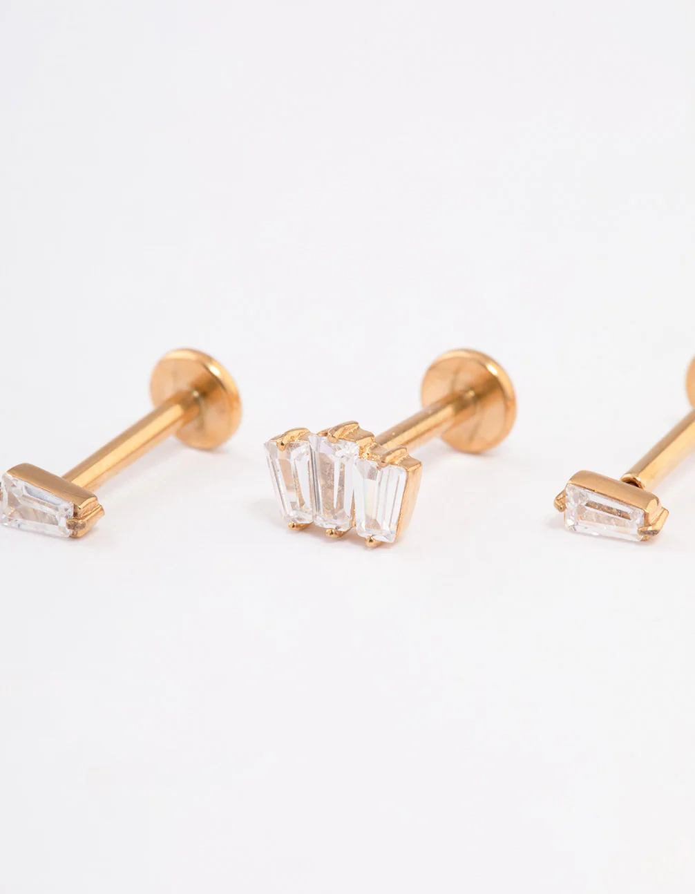 Gold Plated Surgical Steel Cubic Zirconia Baguette Threadless Flat Back Studs Pack - Image 2
