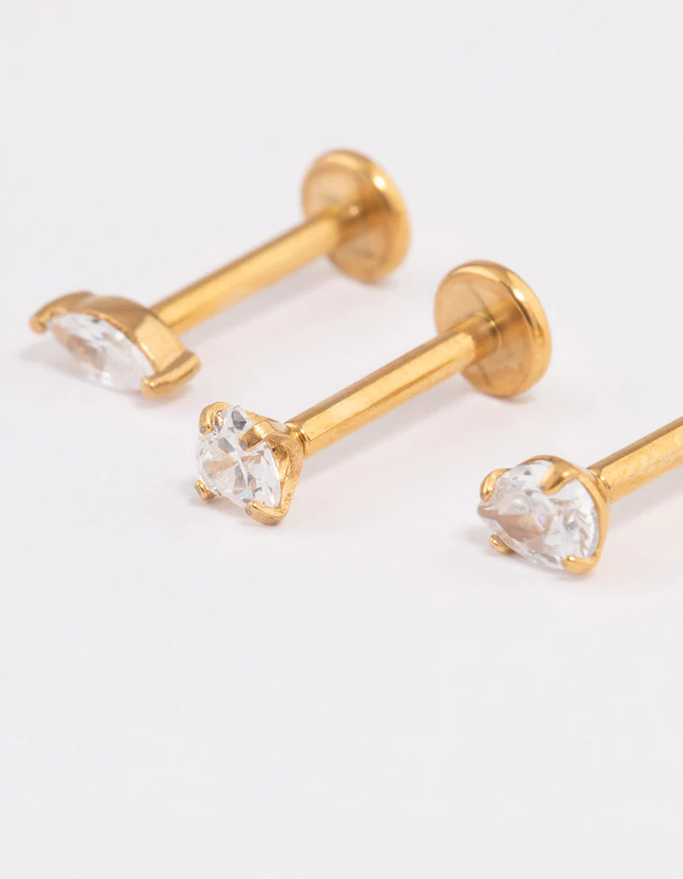 Gold Plated Surgical Steel Cubic Zirconia Classic Threadless  Flat Back Studs Pack - Image 2
