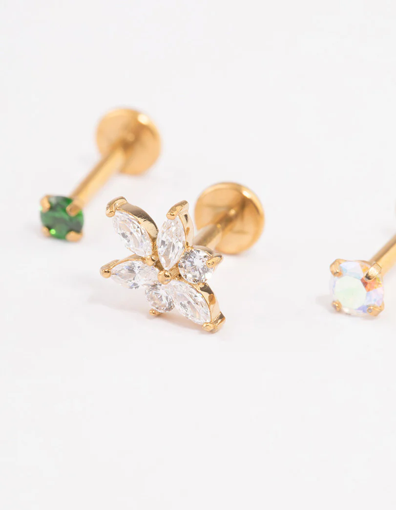 Gold Plated Surgical Steel Emerald Cubic Zirconia Flat Back Pack - Image 2
