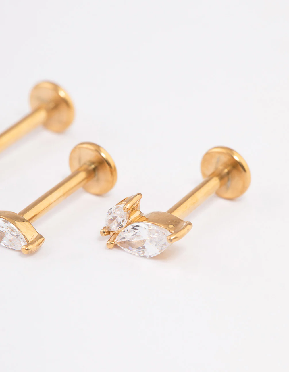Gold Plated Surgical Steel Cubic Zirconia Leaf Threadless Flat Back Studs  Pack - Image 2