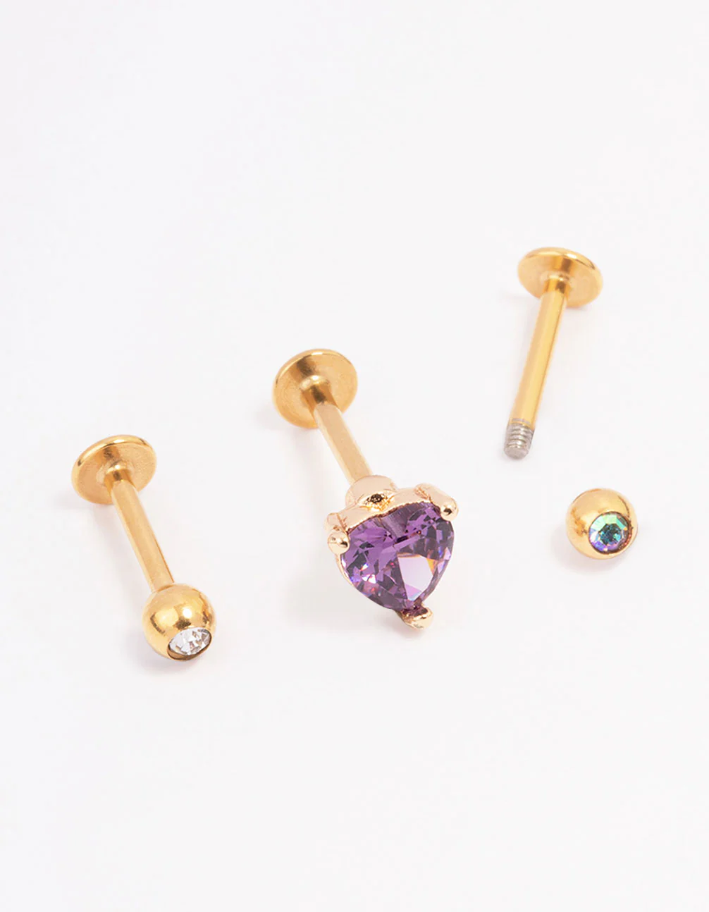 Gold Plated Surgical Steel Heart Round Cubic Zirconia Flat Back 3-Pack - Image 2